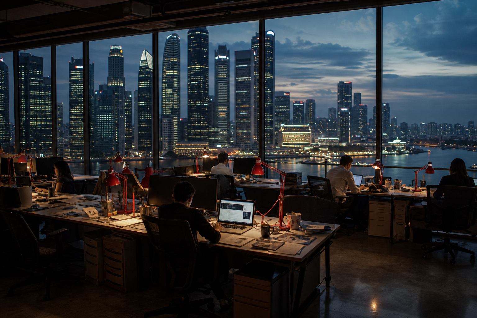 PressPointCo news desk overlooking Raffles Quay business district
