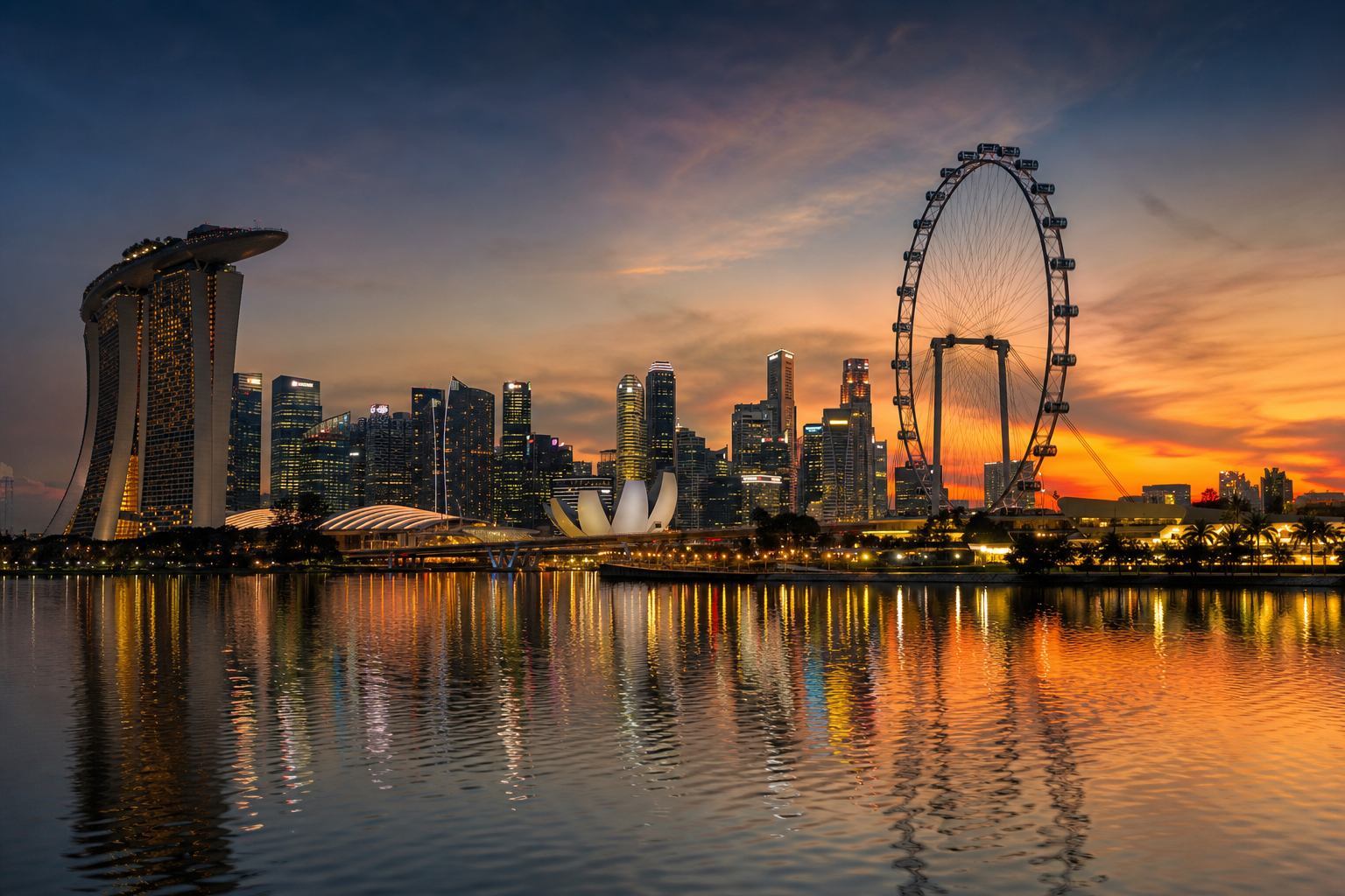 Singapore skyline at dusk from Marina Bay