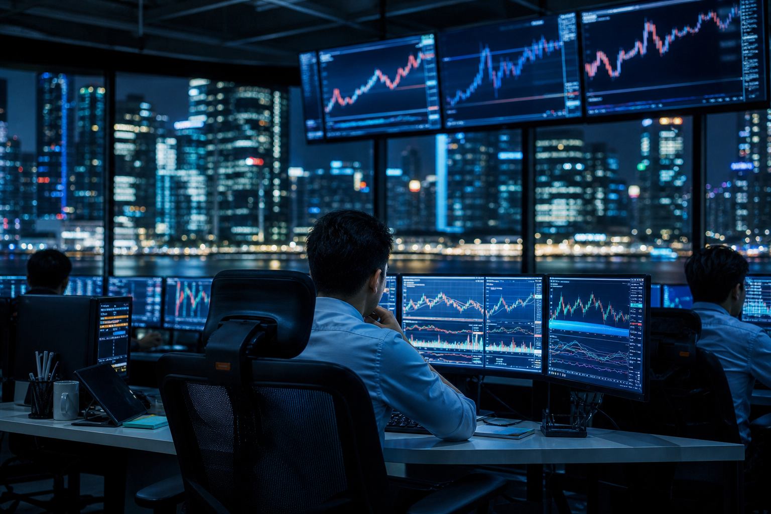 Market analysis screens at Singapore trading desk